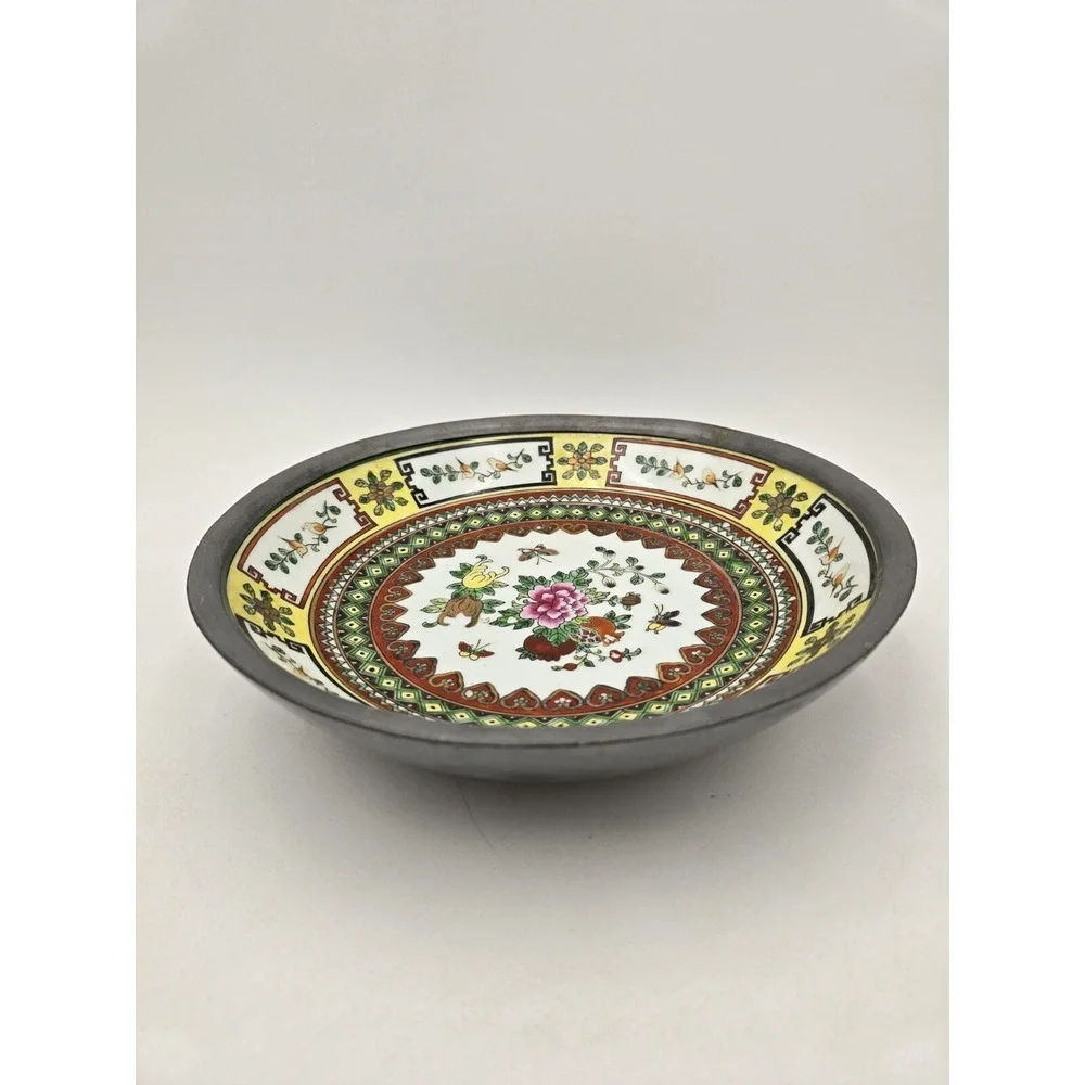 China Porcelain Hand Painted Floral Decorative Bowl Encased‎ in Pewter 9